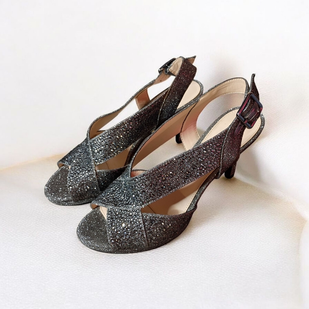 Alex Marie Silver Rhinestone Heels – Luxe Glam  Elegant Slingback Open Toe 7.5 - Picture 8 of 10